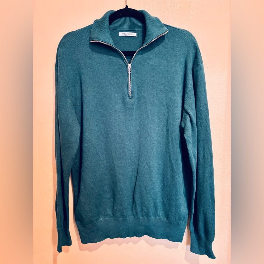 Zara Men's Teal Long Sleeve Zip Pullover Sweater, size Medium, Dress Casual